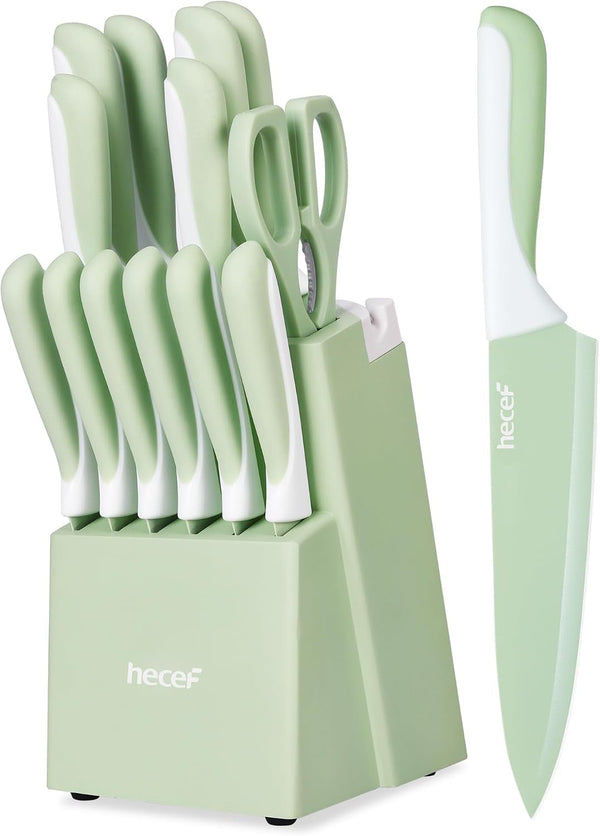 15 Pieces Green Kitchen Knife Set, Built-In Sharpening Wooden Block | Dishwasher Safe, High Carbon Stainless Steel, Includes Steak Knives & Kitchen Scissors1