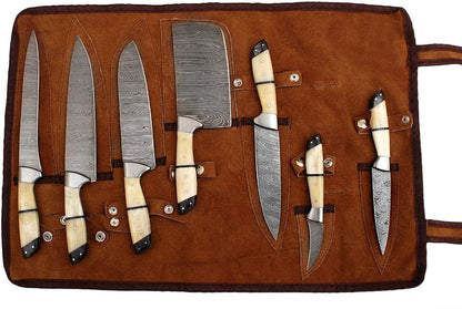 G26- Professional Kitchen Knives Custom Made Damascus Steel 7 Pcs of Professional Utility Chef Kitchen Knife Set with Chopper/Cleaver White & Black2