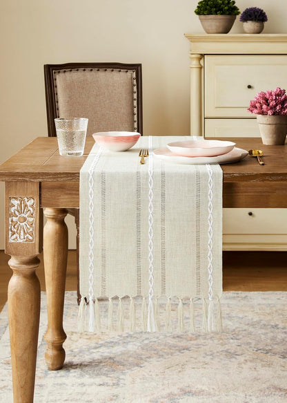 Hemstitched Farmhouse Table Runner, Beige 13X108 Inch, Cotton Linen Table Runners 108 Inches Long, Embroidered Striped Beige Boho Table Runner Rustic Home Decor2