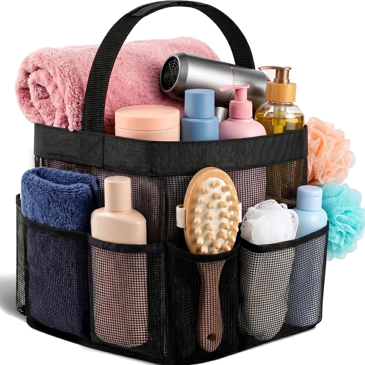shower-caddy-mesh-9-pocket-portable-bathroom-organizer-tote-for-travel-gym-dorm-collapsible-small-shower-caddy-bag-to-hold-toiletries-essentials-black