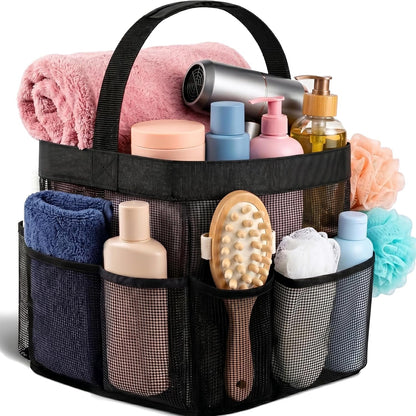 Shower Caddy Mesh - 9 Pocket Portable Bathroom Organizer Tote for Travel, Gym & Dorm - Collapsible Small Shower Caddy Bag to Hold Toiletries & Essentials (Black)1