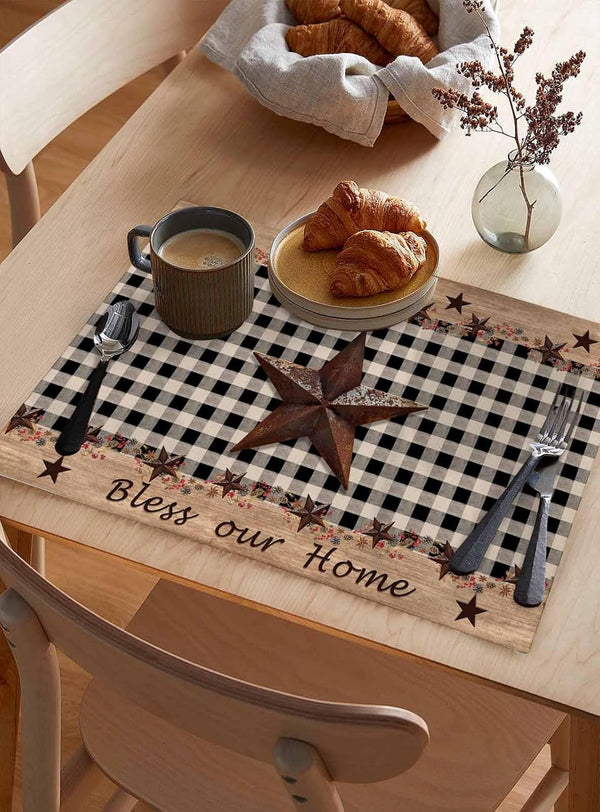 Placemats for Dining Table Set of 4 Western Texas Star and Primitive Berries Country Wooden Plank Table Mats for Home Kitchen Restaurant Independence Day Party Decoration,Washable3