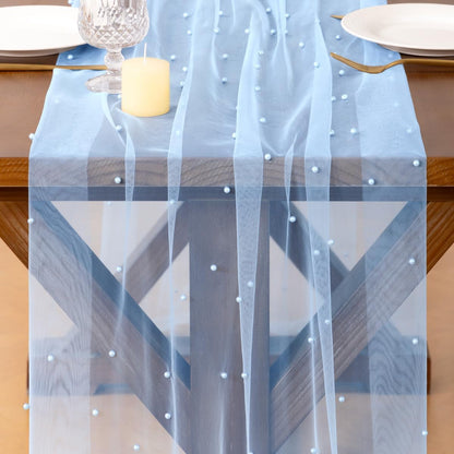 Pearl Table Runner Fall Tulle Gauze Sheer Wedding Party Home Decor | Blue Cheesecloth 10FT Chiffon Dining Birthday Baby Shower Bridal Anniversary Holiday Centerpiece Table Decorations2