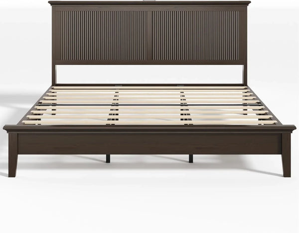 King Bed Frame with Headboard, Solid Wood Bed Frame King Size with Charging Station & RGB LED, Wood Slats Support, Noise-Free, Sturdy Structure, Easy Assembly, Walnut14