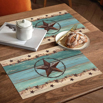 Western Texas Star Placemats Set of 6 Retro Turquoise Wooden Rustic Farmhouse 13X19 Inch Washable Non Slip Linen Table Mats, Rustic Summer Placemats for Dining Table Party Kitchen Decor7