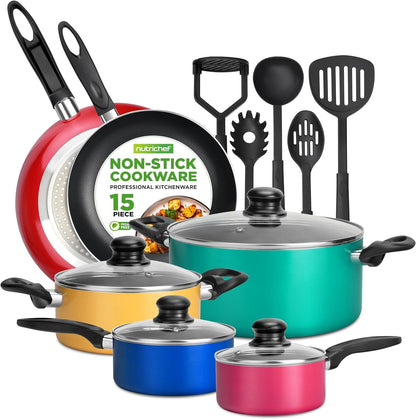 15-Piece Non Stick Kitchen Cookware Set Pfoa/Pfos-Free, Colorful Heat Resistant Lacquer W/Saucepot, Frying Pans, Oven Pot, Lids, 5 Utensil - NCCWCOR151