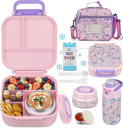 Bento Lunch Box for Kids with 7Oz Soup Thermo,Insulated Stainless Steel Kids Water Bottle with Straw and Insulated Lunch Bag,Leak-Proof Lunch Food Container with Ice Pack for School(Pink-Horse)1