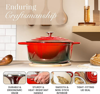 Enamelled Cast Iron Dutch Oven Pot with Lid-6.4 Quart Non Stick Casserole Pot-Heavy Duty & Oven Safe up to 500° F for Bread Baking, Braising, Stews, Roasting - 28Cm Red7