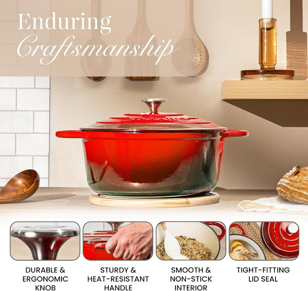 Enamelled Cast Iron Dutch Oven Pot with Lid-6.4 Quart Non Stick Casserole Pot-Heavy Duty & Oven Safe up to 500° F for Bread Baking, Braising, Stews, Roasting - 28Cm Red7