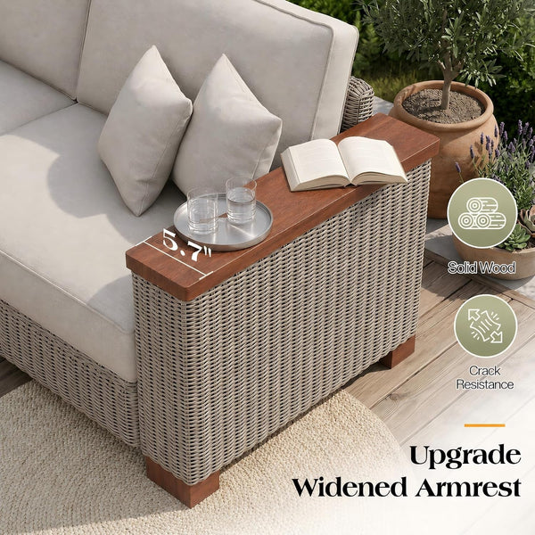 6-Piece Wicker Patio Furniture Set with Solid Wood Armrest, Outdoor Patio Set with Thick Legs, Uv-Resistant Modular Outdoor Sectional Sofa for Backyard, Porch, Garden5