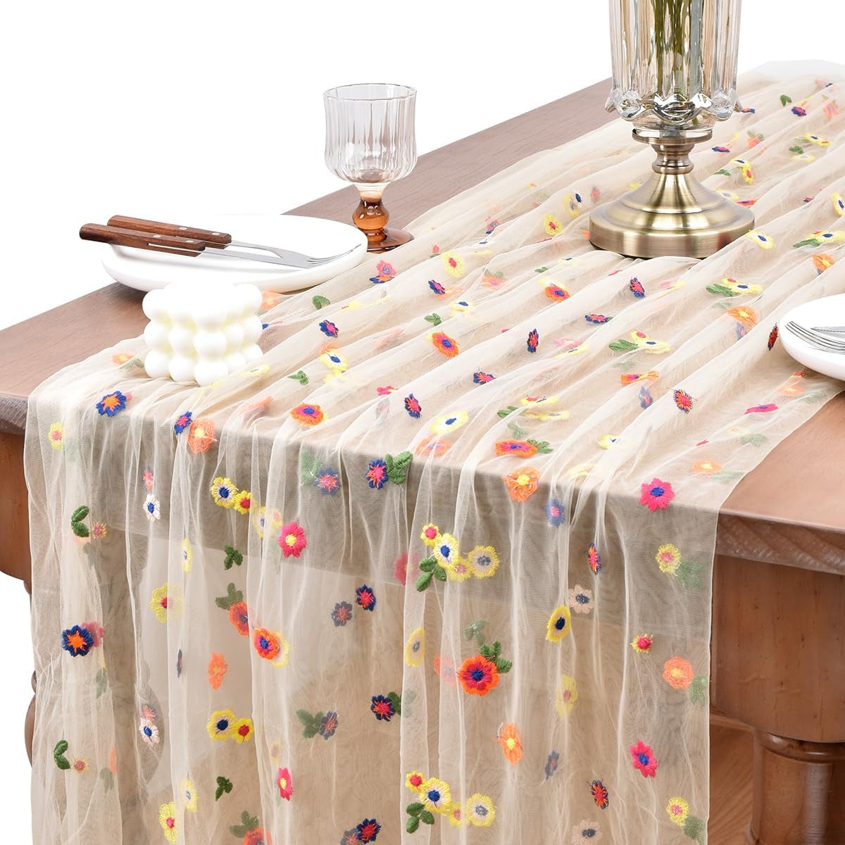 flower-table-runner-floral-daisy-fall-wedding-birthday-party-home-decor-champagne-10ft-embroidery-wildflower-tulle-seasonal-tea-party-bridal-shower-holiday-picnic-home-table-decorations