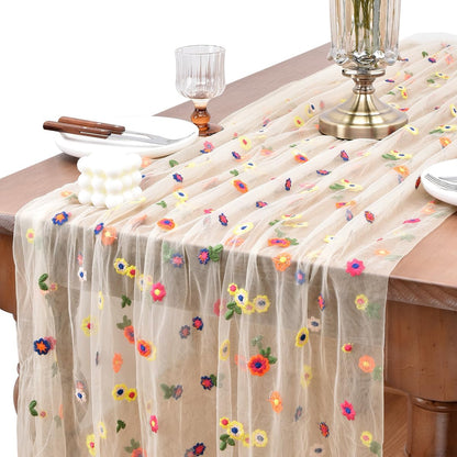 Flower Table Runner Floral Daisy Fall Wedding Birthday Party Home Decor | Champagne 10Ft Embroidery Wildflower Tulle Seasonal Tea Party Bridal Shower Holiday Picnic Home Table Decorations1