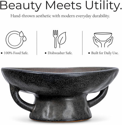 Creative Co-Op Stoneware Bowl with Handle and Base, Black Reactive Glaze10