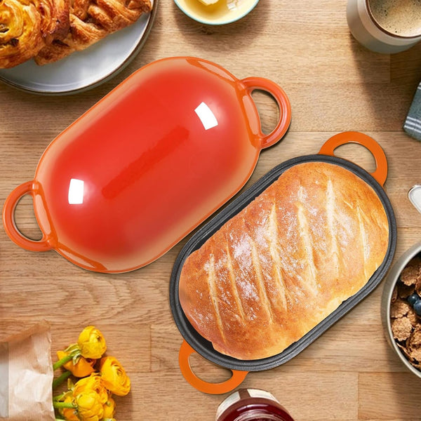 2.5 QT Enameled Cast Iron Sourdough Bread Oven, Loaf Pan with Lid | Oval Dutch Oven for Homemade Sourdough Bread Baking, Oven Safe up to 500°F, Meatloaf Pan with Dome Lid, Orange6