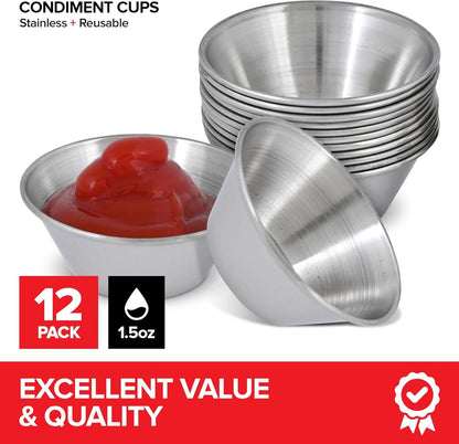 1.5 Oz Stainless Steel Condiment Cups (12 Pack), Individual Portion Dipping Sauce Cups, Small Metal Ramekins for Ketchup, Marinara, BBQ Sauce, and More! Reusable Condiment Cups for Restaurants2