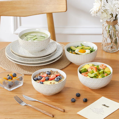 16 Pieces Dinnerware Set, Farmhouse Style Stoneware Plates and Bowls Sets for 4, Embossed Boho Ceramic Dish Set with Mugs, Microwave & Dishwasher Safe, Series LYDIA6