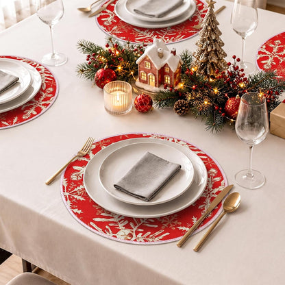 Christmas round Placemats Set of 4 Red Snowflakes Decorations3