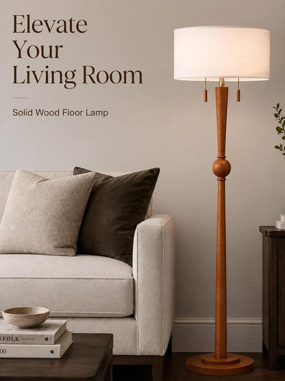 Solid Wood Floor Lamp for Living Room,Pull Chains Standing Lamp | 62.8" Tall,17" White Drum Shade,Sculptural Wood Base & Stem,2-Light Design,Standing Lamp for Bedroom,2 Bulbs Included6