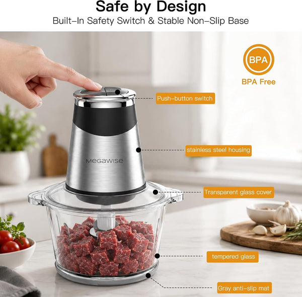 Food Processor with 500W Powerful Copper-Core Motor, Electric Food Chopper with Meat Grinder & Vegetable Chopper, 2 Bowls (0.6L & 3L Glass Bowls),Double-Layer Blades for Fruits/Meat/Nuts5