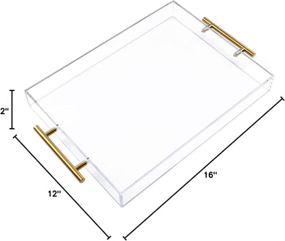 12"X16" Clear Acrylic Serving Tray with Golden Handles, Sturdy Huge Capacity Acrylic Tray for Coffee, Juice, Kitchen and Desk Organizer, Storage Tray (12"X16")3