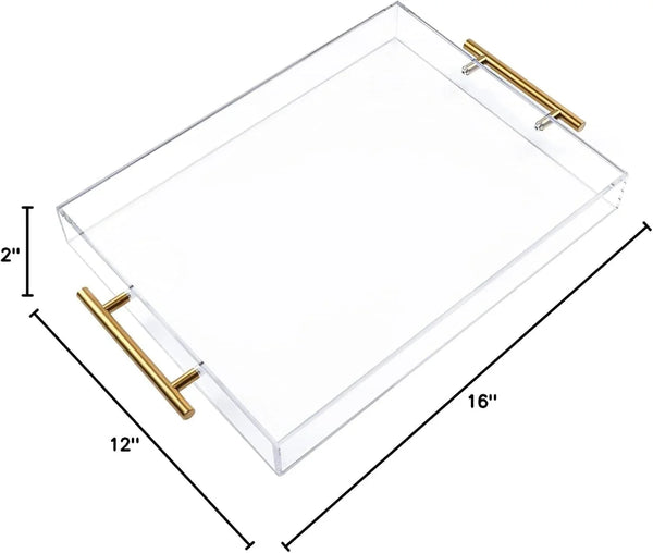 12"X16" Clear Acrylic Serving Tray with Golden Handles, Sturdy Huge Capacity Acrylic Tray for Coffee, Juice, Kitchen and Desk Organizer, Storage Tray (12"X16")3