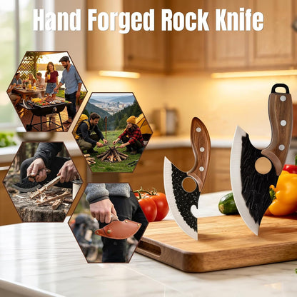 2PCS Hand Forged Viking Boning Knife Set, High Carbon Steel Ulu Knife with Sheath, Viking-Style Cleaver & Pizza Cutter for Meat, Kitchen Knives for Meat Trimming, BBQ, Camping, Fish Filleting7