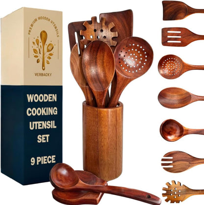 Wooden Utensil Set 9 PCS Hand-Crafted, Heat-Resistant, Non-Scratch & Easy-To-Clean Natural Teak Wooden Kitchen Tools with Spatula, Slotted Spatula, Spoons, Ladle, Pasta Server, Salad Fork, Holder Set1