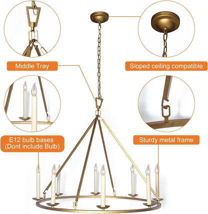 Gold Wagon Wheel Chandelier Rustic 35.4'' Candle-Shaped Metal Chandeliers Antique Brass round Ceiling Hanging Light Fixture (8-Light)2