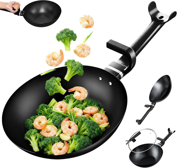 Carbon Steel Wok Pan, Non-Stick Sauté Pan Nitriding Process,13 Inch Woks & Stir-Fry Pans Nonstick with Ergonomic Handle, Cookware, Pots and Pans,Versatile Bottom Chinese Woks for All Stoves1