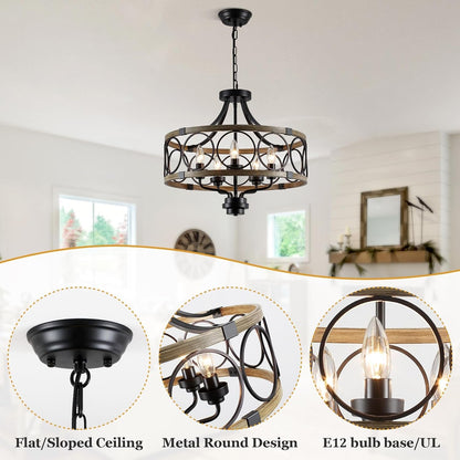 Rustic Drum Chandelier, 5-Light Black and Imitation Wood Farmhouse Ceiling Light Fixture, round Wood Grain Finish, Adjustable Height, for Dining Room, Hallway4