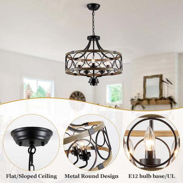 Rustic Drum Chandelier, 5-Light Black and Imitation Wood Farmhouse Ceiling Light Fixture, round Wood Grain Finish, Adjustable Height, for Dining Room, Hallway4