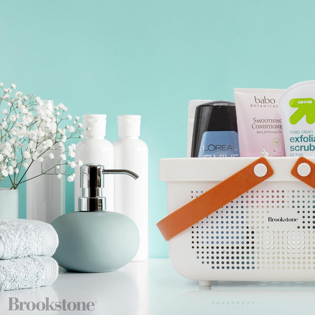 brookstone-modern-large-portable-shower-caddy-with-soft-silicone-carrying-handle-bathroom-organizer-basket-plastic-bath-tote-and-shower-organizer-quick-dry-drainage-holes-bpa-free-white