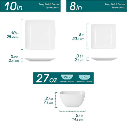 Soho Dinnerware Sets 12 Pieces, White Stoneware Square Place Setting, Dinner Plate, Dessert Plate, Bowls Service for 42