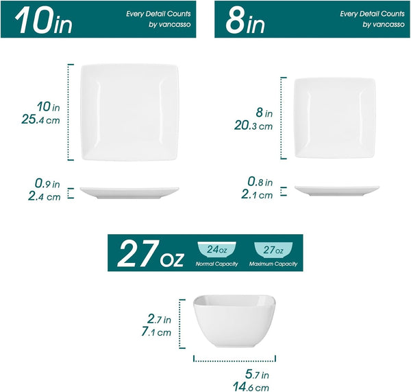 Soho Dinnerware Sets 12 Pieces, White Stoneware Square Place Setting, Dinner Plate, Dessert Plate, Bowls Service for 42