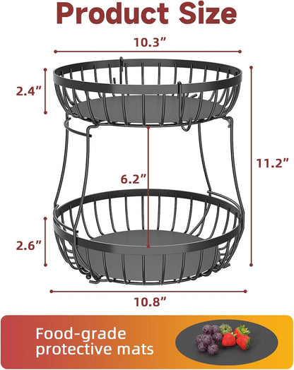 2 Tier Large Fruit Bowl for Kitchen Counter with 2 Banana Hangers | Sturdy Metal Basket for Fruit, Bread & Onions, Modern Wire Fits Various Styles, Includes Food-Safe Mats to Keep Produce Fresh7
