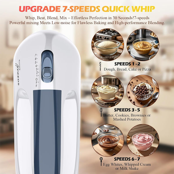 7-Speed Electric Hand Mixer – Portable Food Mixer Kitchen Mixer with 304 *(1X Whisk, 2X Beater, 2X Dough Hook) for Baking Cakes, Cream, Cookies, WHITE5