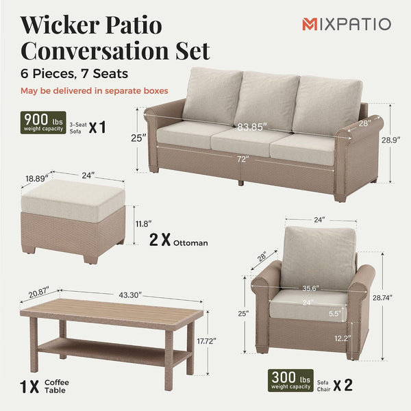 6-Piece Wicker Patio Conversation Set, Coffee Table, 2 Ottomans6