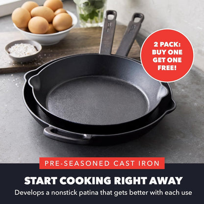 X Bobby Flay 2 Pack (8" & 10") Pre-Seasoned Cast Iron Skillet Set | Natural Nonstick with Use, Heavy Duty, Induction & All Stovetop Compatible, High Heat & Oven Safe, Indoor/Outdoor2
