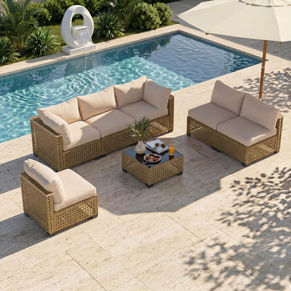 Patio Furniture Set, 7-Piece Outdoor Sectional Couch with Coffee Table & Thick Cushions, Outdoor Wicker Conversation Set for Backyard, Poolside, Garden (Yellow-White, 7 Piece-Single)3