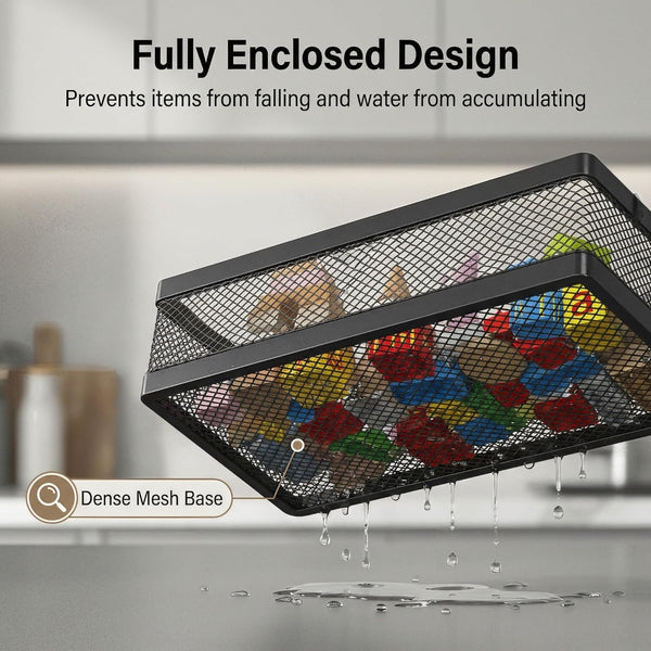 Mesh Shower Caddy Wall Mount, Heavy Duty Adhesive Bathroom Shelf Organizer, Rustproof Floating Spice Rack for Kitchen Pantry, Holds 50 LBS, Multi-Purpose Storage Black-2 Packs (Netting)5