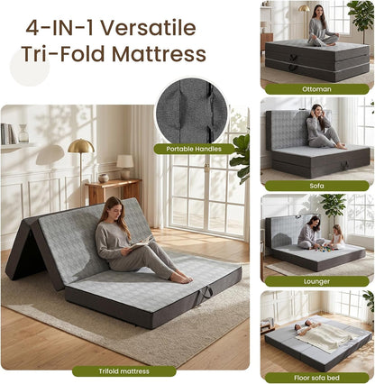 6" Trifold Mattress Full Size, Thick Memory Foam Futon Topper with Portable Handles & Removable Washable Cover, Floor Sofa Bed with Non-Slip Bottom for Camping Pad, Guest Bed, Yoga, Rv (Grey)3