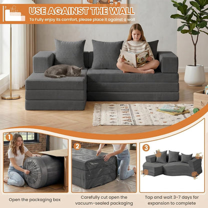 Boneless Couch Small,Convertible Sleeper Sofa Bed, Modular Sectional Sofa, Modern Tri-Folding Cloud Couch with L-Shape Chaise, Corduroy Futon Couches for Small Spaces Apartment,No Assembly7