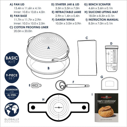 Simply Sourdough™ Complete Bread Baking Kit BAKING PAN INCLUDED, Dual Use Banneton Lid, 22Pg Guide Book W/Recipes, Danish Whisk, Starter Jar, Cutter, Lifting Mat, Scraper, Cotton Liner5
