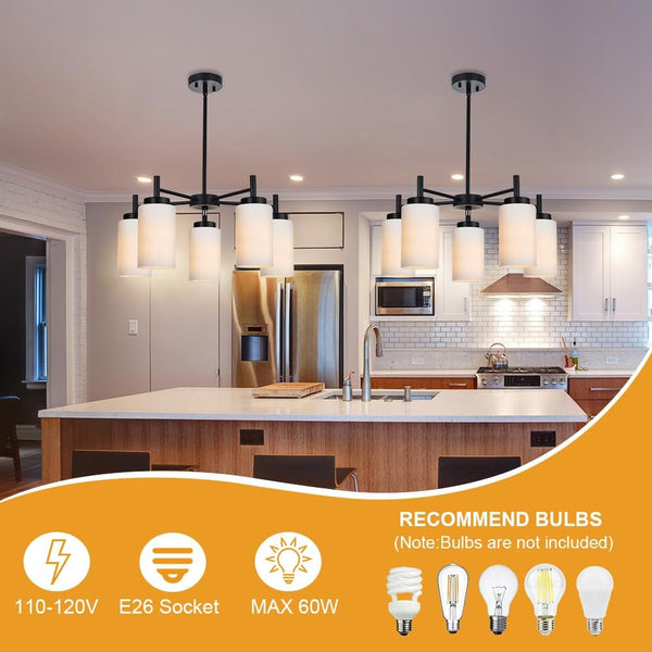 5 Light Modern Chandeliers Black Finish Pendant Lighting Fixtures with Opal White Glass Shade Rustic Ceiling Hanging Lights for Living Room Dining Room Kitchen Island6