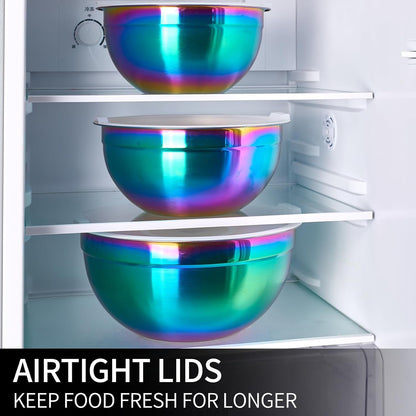 Rainbow Mixing Bowls with Lids Set of 7, Stainless Steel Nesting Bowl with Khaki Lid for Non-Slip Mixing Prepping Storing Serving, 7 Sizes-7/3.6/2.7/2.1/1.5/1/0.8 QT7