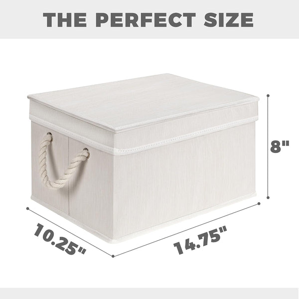 Set of 3 Fabric Bins for Organization - Foldable & Stackable with Lid & Rope Handles - Collapsible Fabric Storage Cubes Lightweight & Sturdy Bottom, Space Saving Collapsible Bin, Ivory3