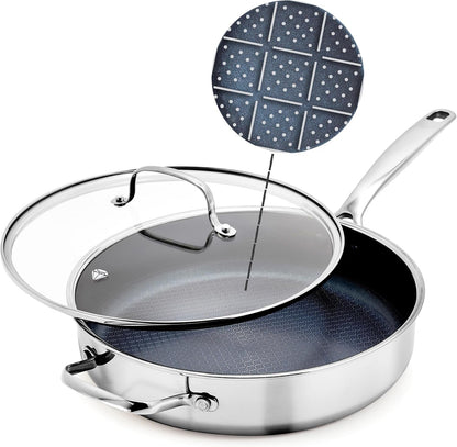 Hybrid Nonstick Stainless Steel 4QT Saute Pan with Glass Lid, Pfas-Free Ceramic Diamond Bond, Deep Jumbo Skillet, Induction Ready, Dishwasher & Metal Utensil Safe, Stay-Cool Handle1