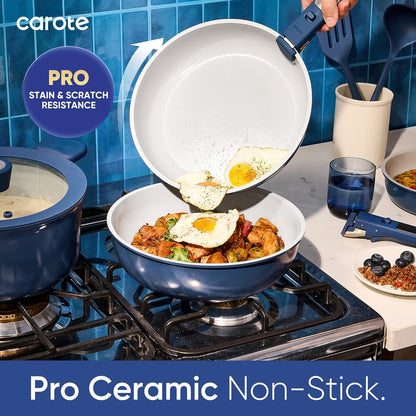 27Pcs Ceramic Cookware Set, Pots and Pans Set with Detachable Handle | Non-Stick, Non-Toxic, PFAS and PFOA Free, Induction Compatible, Dishwasher & Oven Safe, Space Saving, Camping Cooking, Blue3