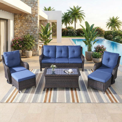 6 Piece High Back Patio Furniture Set - All Weather Patio Conversation Set with 4 Inch Thick Cushions and Deep Seating Swivel Glider Chairs & Outdoor Couch for Porch Deck Yard Pool Brown Blue1