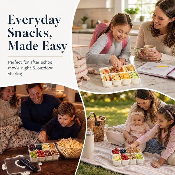 Snackle Box Container with Leakproof Lid and Handle, 8 Compartment Divided Serving Tray with Removable Containers, Spill-Proof Portable Snack Tray for Kids Snacks, Fruit, Candy, Nuts, Picnic & Parties3